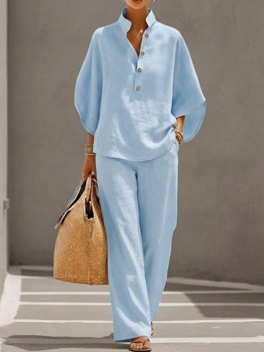Women's Summer Two Piece Set | Stand Collar, Wide Leg