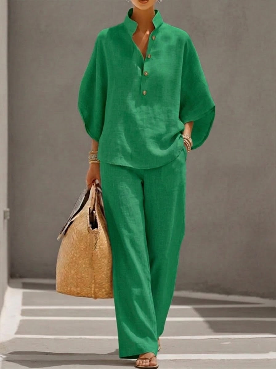Women's Summer Two Piece Set | Stand Collar, Wide Leg