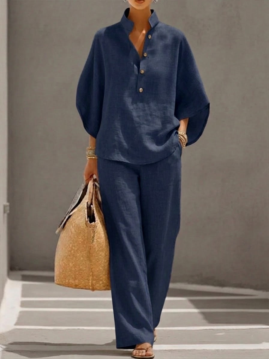 Women's Summer Two Piece Set | Stand Collar, Wide Leg