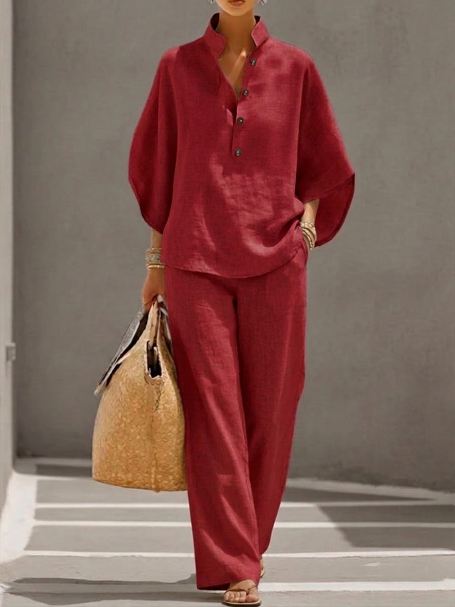 Women's Summer Two Piece Set | Stand Collar, Wide Leg