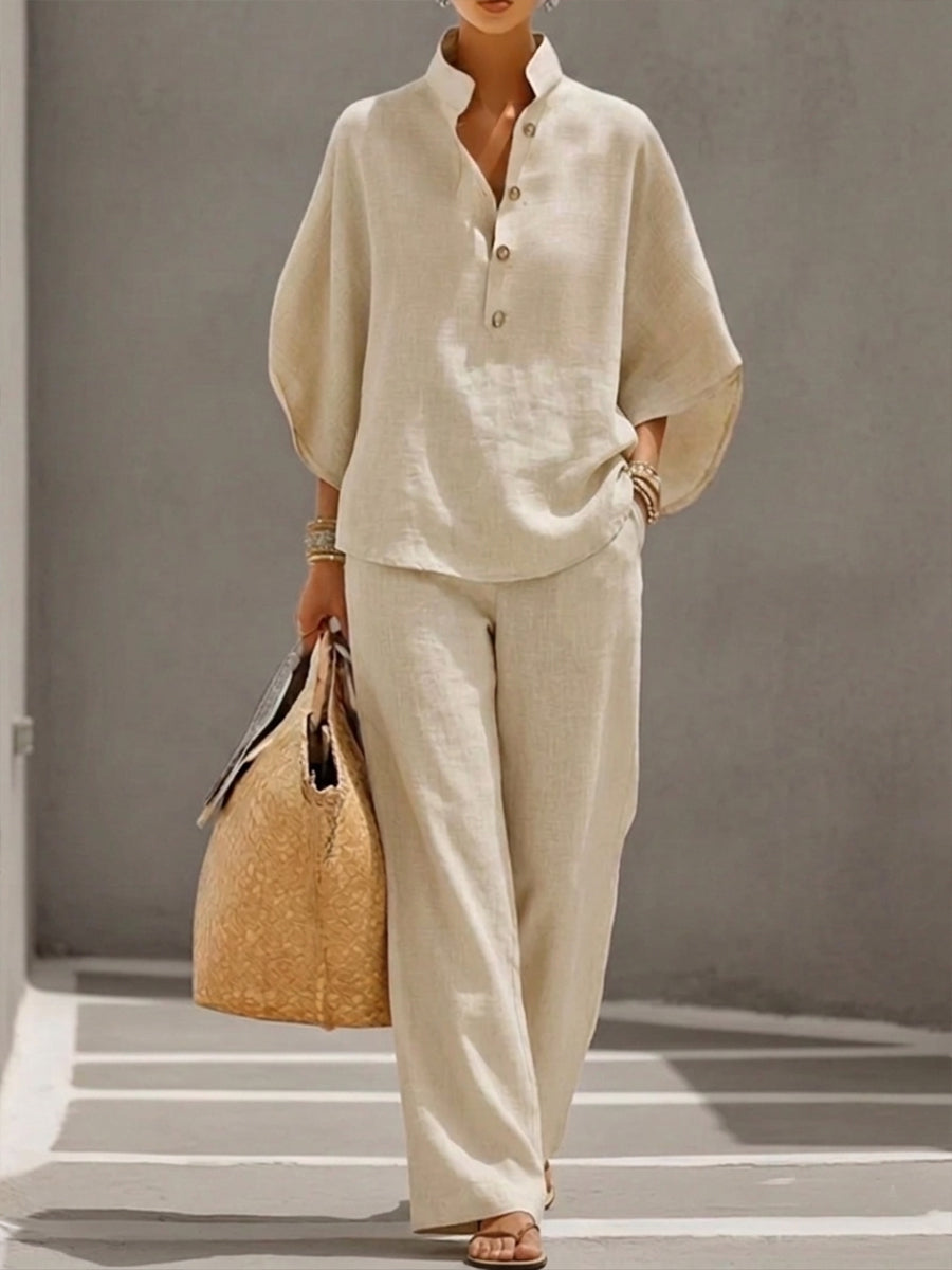 Women's Summer Two Piece Set | Stand Collar, Wide Leg
