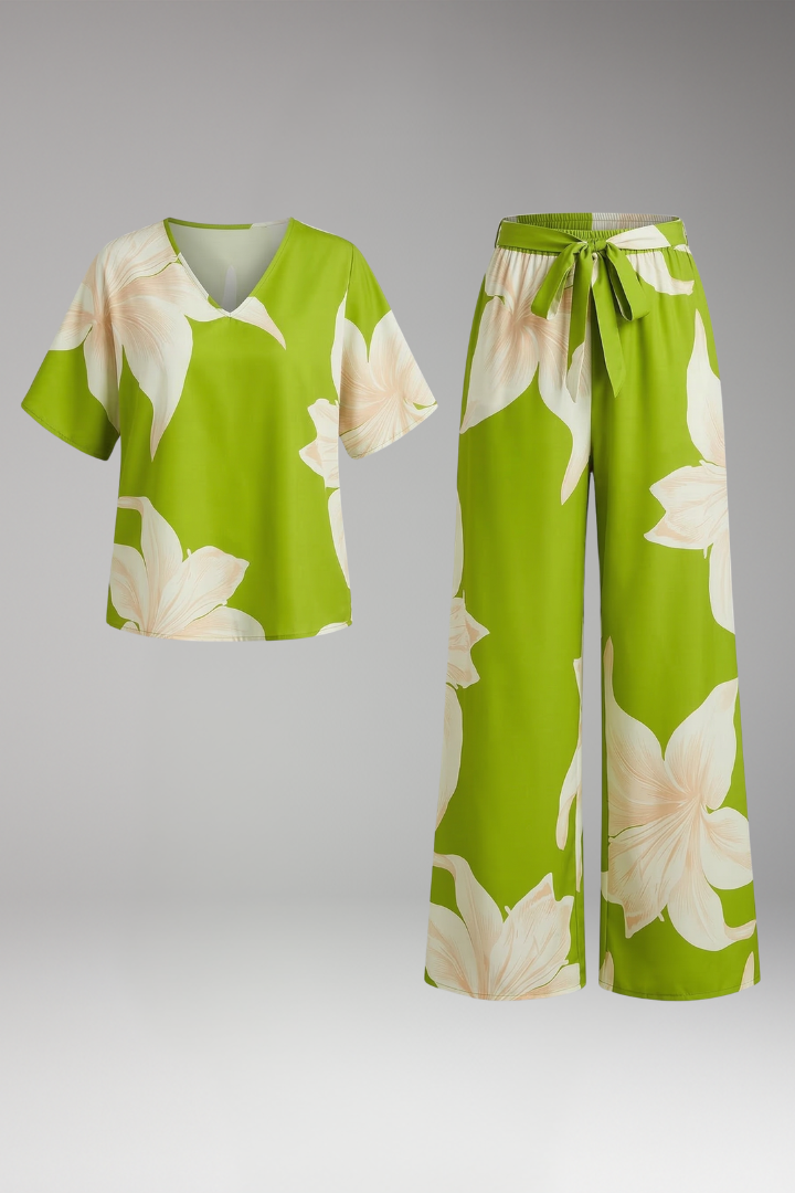 Women's Summer Two Piece Set | V Neck Top And Wide Leg Pants