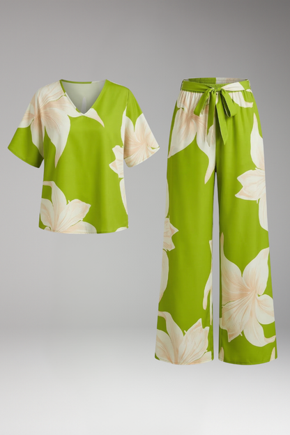 Women's Summer Two Piece Set | V Neck Top And Wide Leg Pants