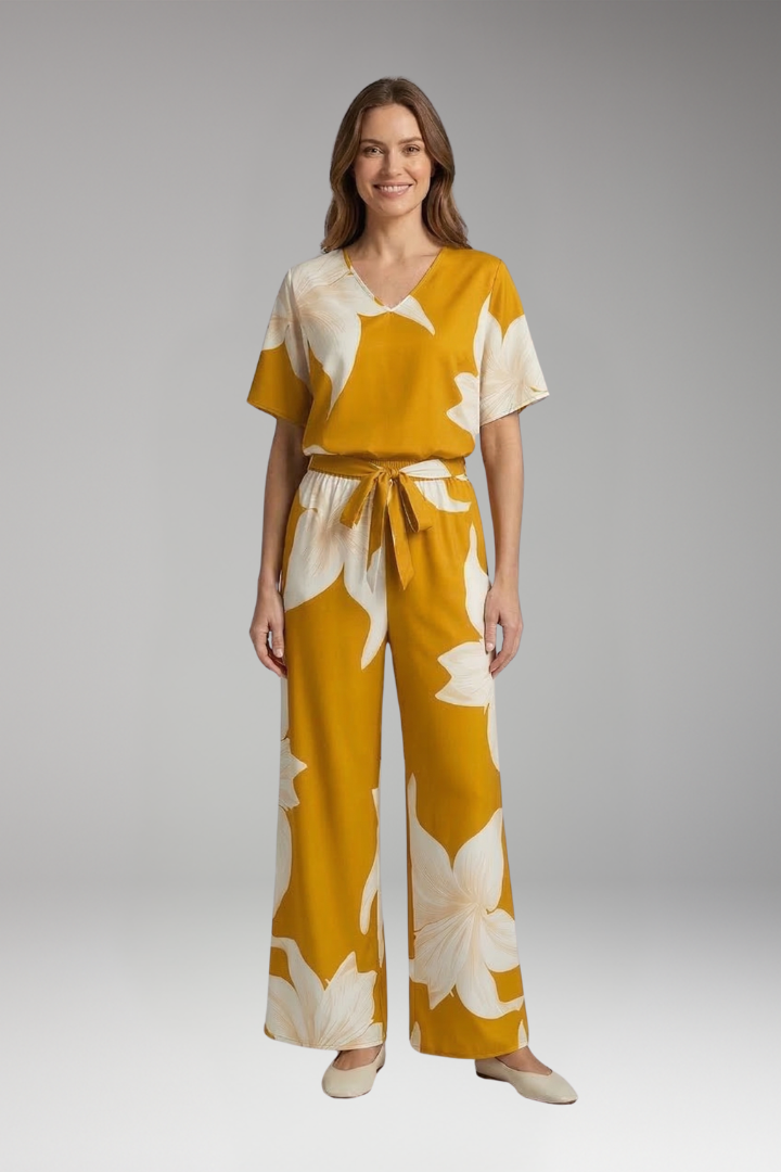 Women's Summer Two Piece Set | V Neck Top And Wide Leg Pants