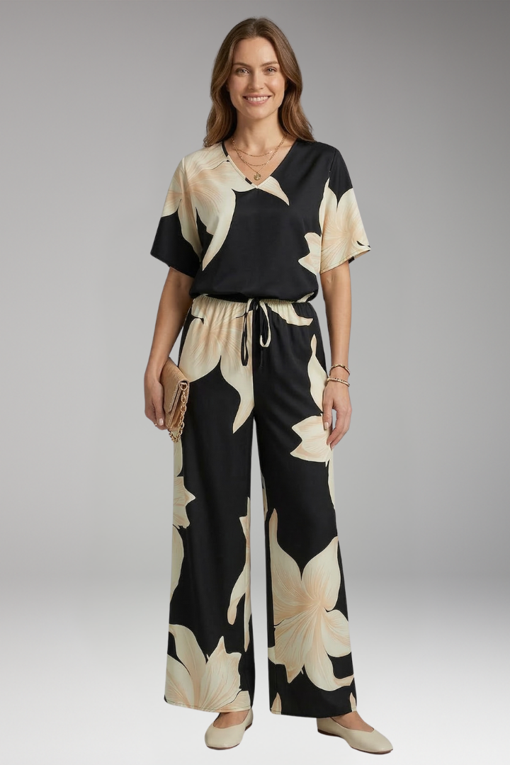 Women's Summer Two Piece Set | V Neck Top And Wide Leg Pants