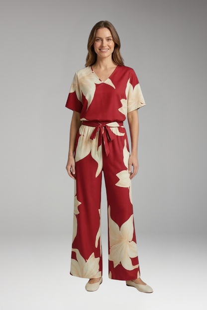 Women's Summer Two Piece Set | V Neck Top And Wide Leg Pants