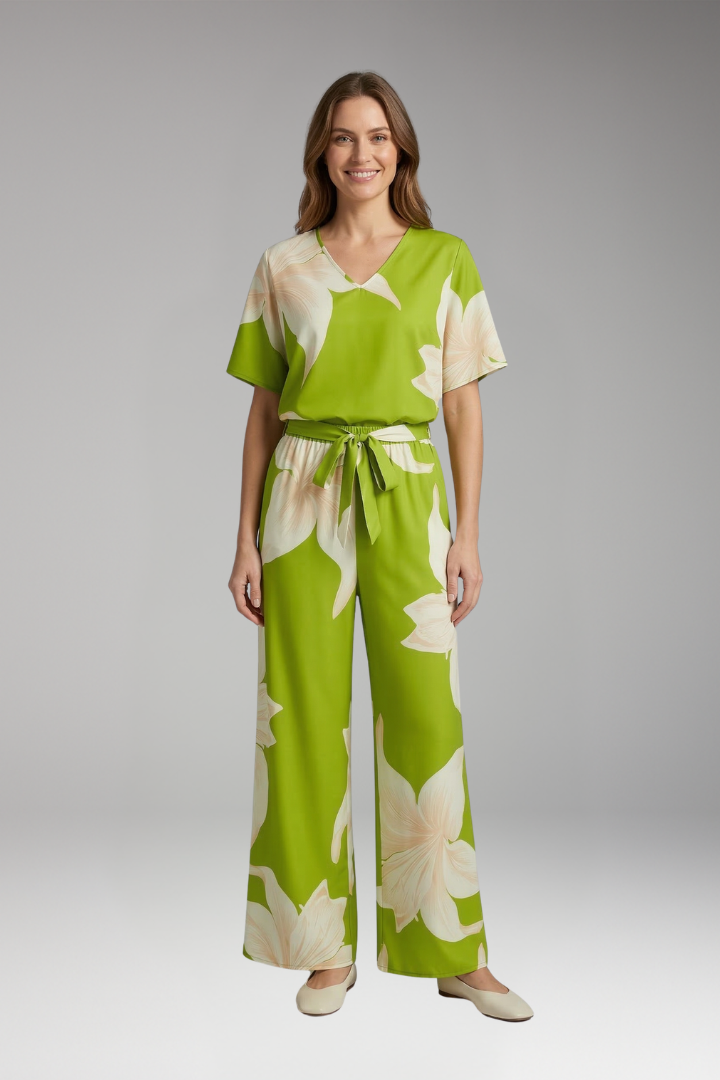 Women's Summer Two Piece Set | V Neck Top And Wide Leg Pants