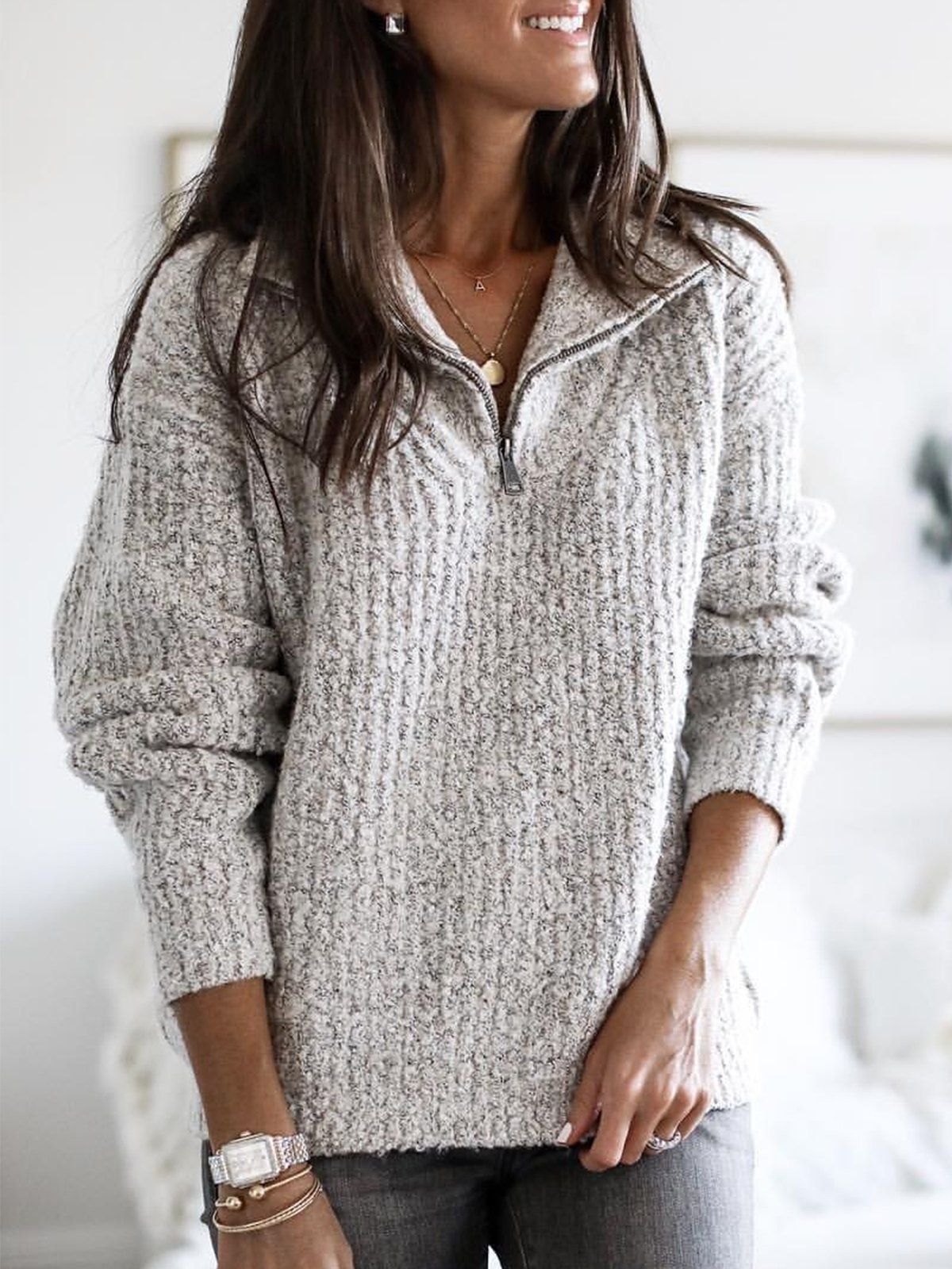 Ribbed Relaxed Fit Wool Zip-Up Sweater for Women – Cozy & Casual Comfort 0