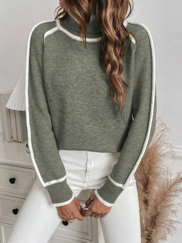 Women's Sweater | Roll Neck, Contrast Piped Shoulders