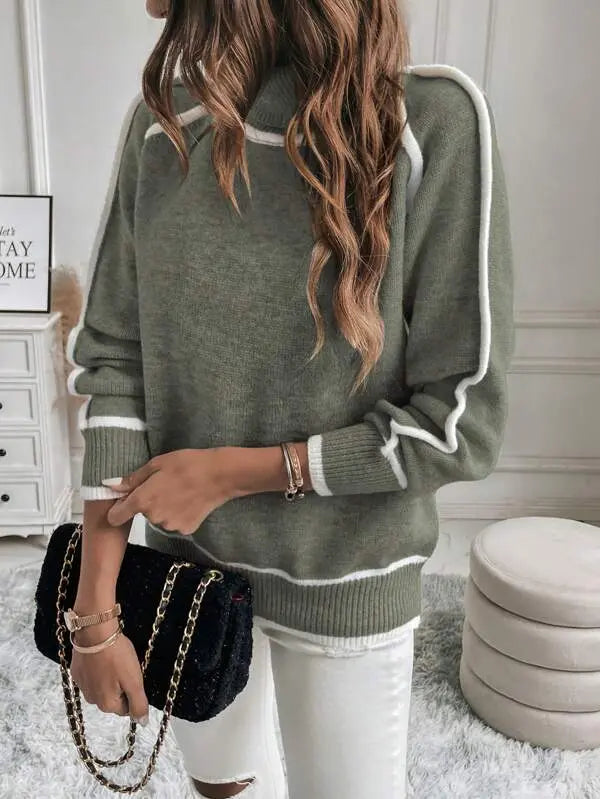 Women's Sweater | Roll Neck, Contrast Piped Shoulders