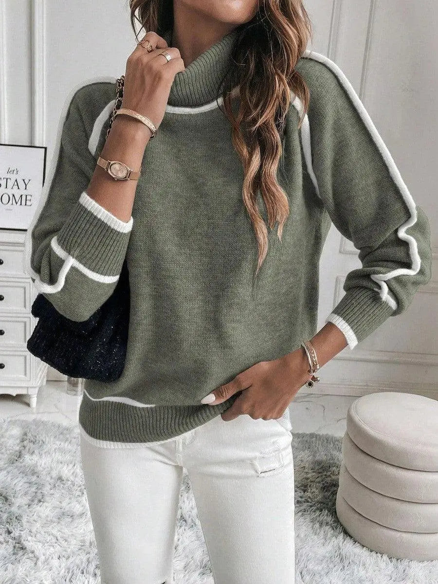 Women's Sweater | Roll Neck, Contrast Piped Shoulders