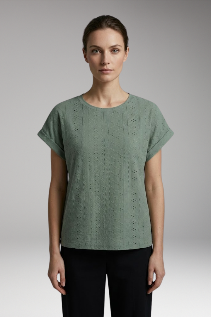 Women's T Shirt | Boxy Top With Eyelet Texture