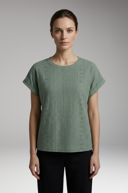 Women's T Shirt | Boxy Top With Eyelet Texture