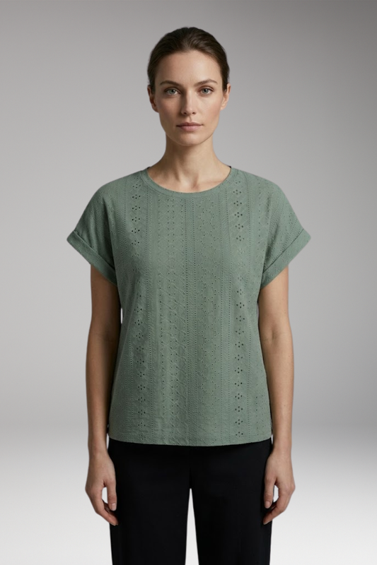 Women's T Shirt | Boxy Top With Eyelet Texture
