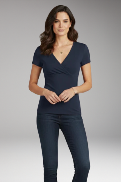 Women's T-Shirt | Wrap V-Neck with Ruched Waist & Short Sleeves
