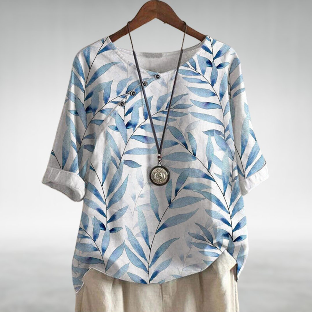 Women's Top | Leaf Print Blouse with Asymmetric Button Detail