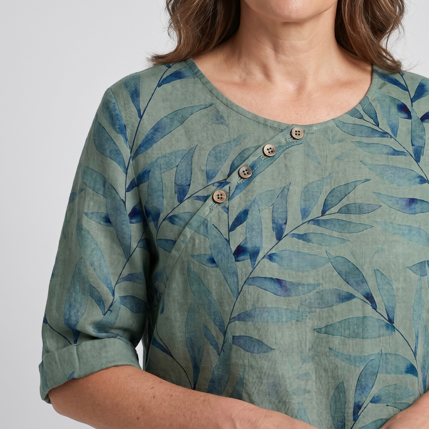 Women's Top | Leaf Print Blouse with Asymmetric Button Detail