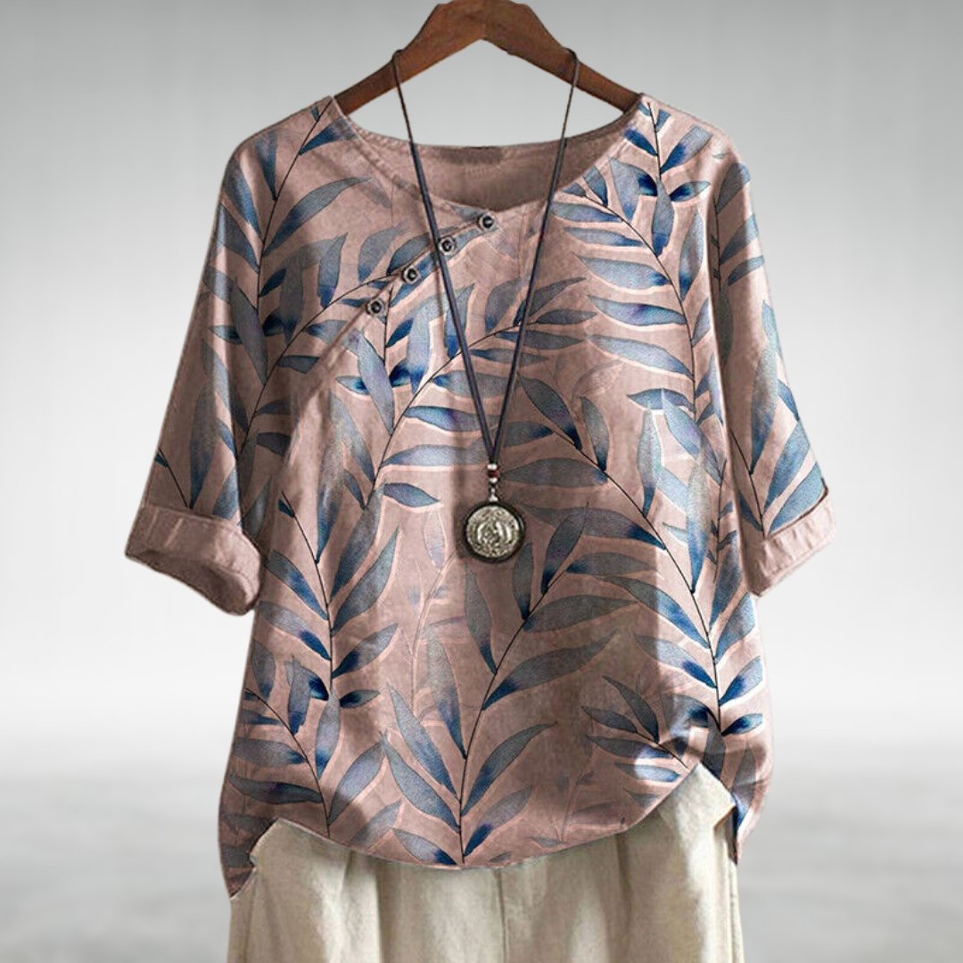 Women's Top | Leaf Print Blouse with Asymmetric Button Detail