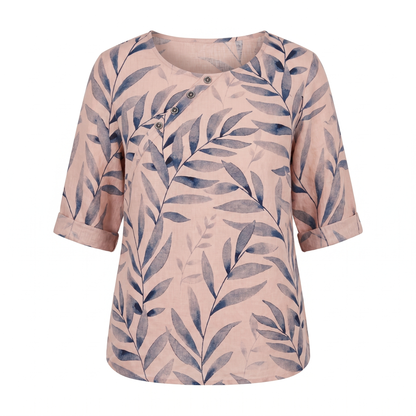 Women's Top | Leaf Print Blouse with Asymmetric Button Detail