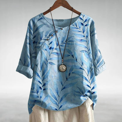 Women's Top | Leaf Print Blouse with Asymmetric Button Detail