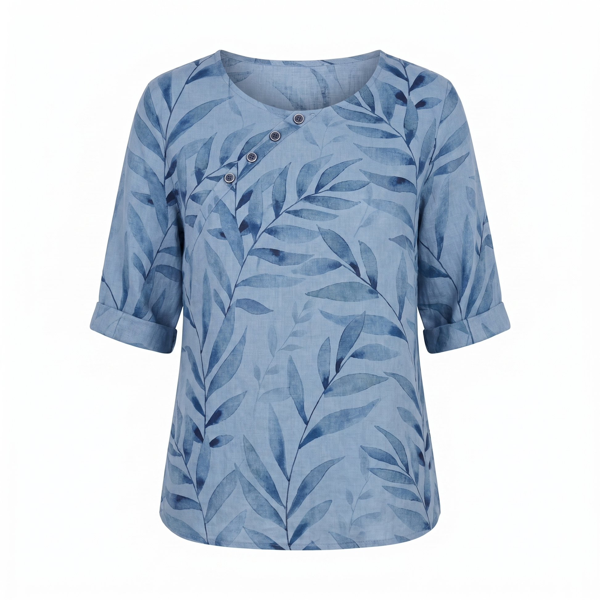 Women's Top | Leaf Print Blouse with Asymmetric Button Detail