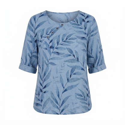 Women's Top | Leaf Print Blouse with Asymmetric Button Detail