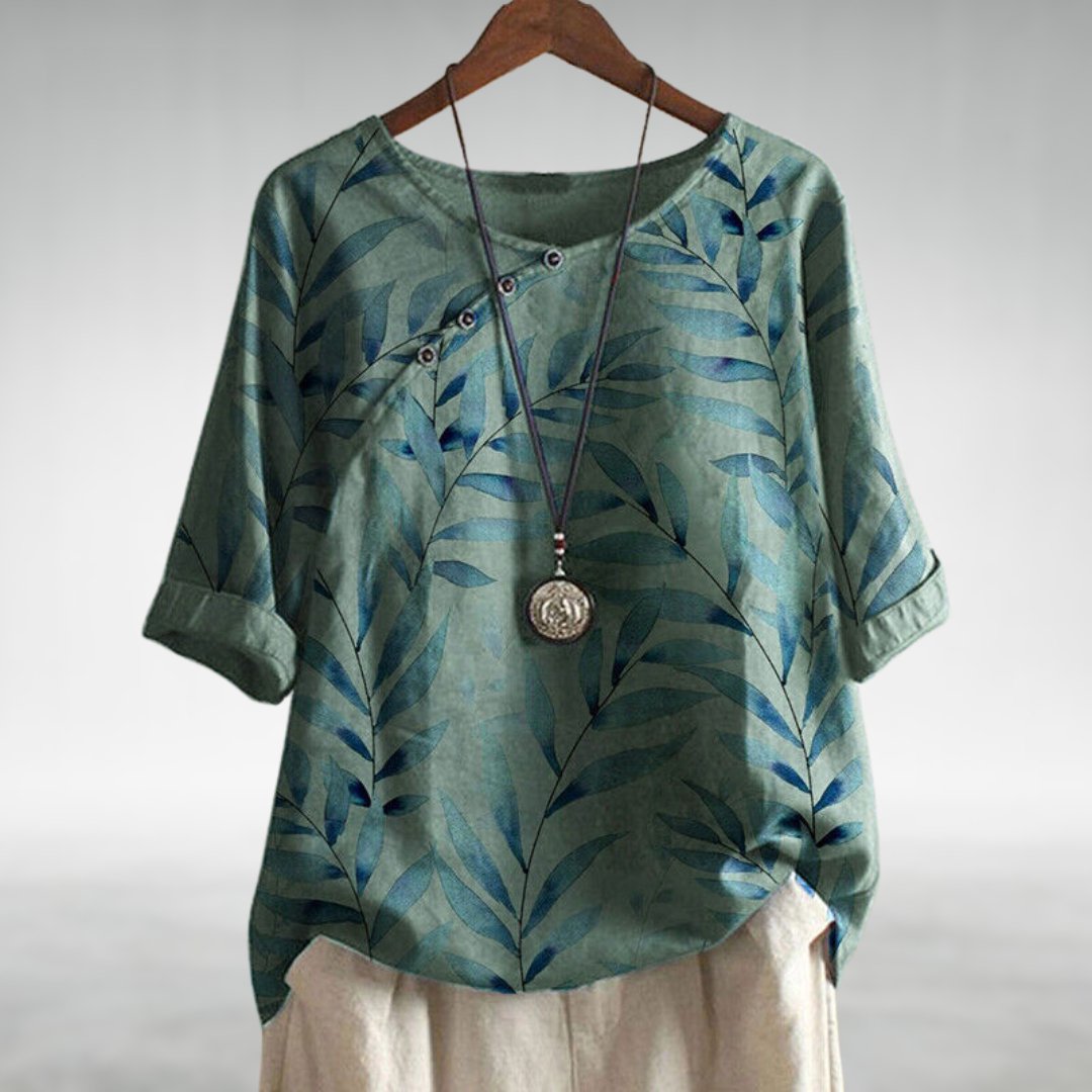 Women's Top | Leaf Print Blouse with Asymmetric Button Detail