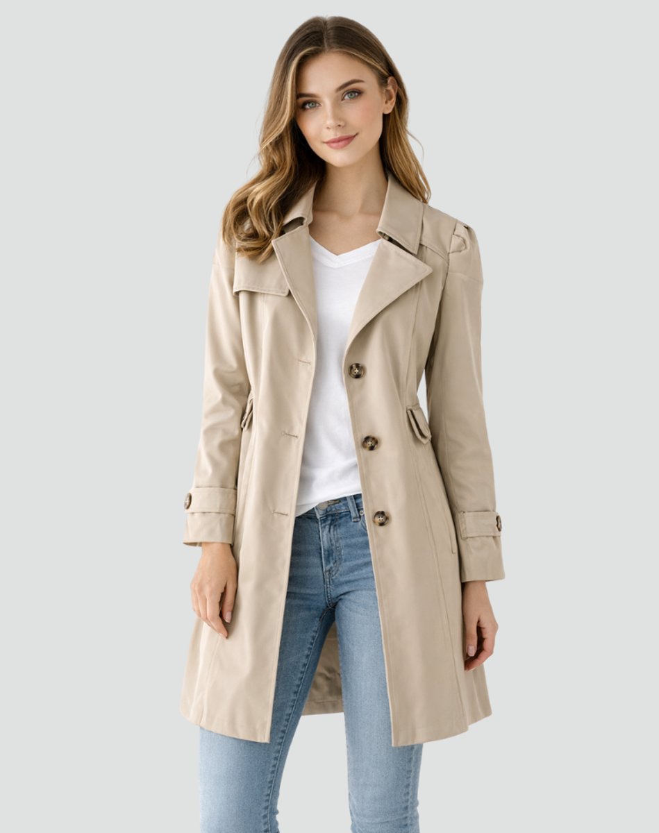 Women's Trench Coat | Notch Lapel, Buttoned Cuff Tabs