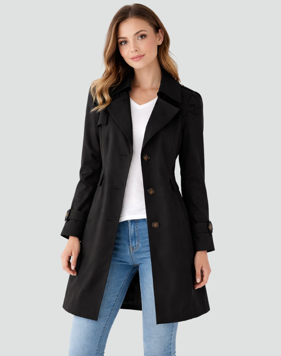 Women's Trench Coat | Notch Lapel, Buttoned Cuff Tabs