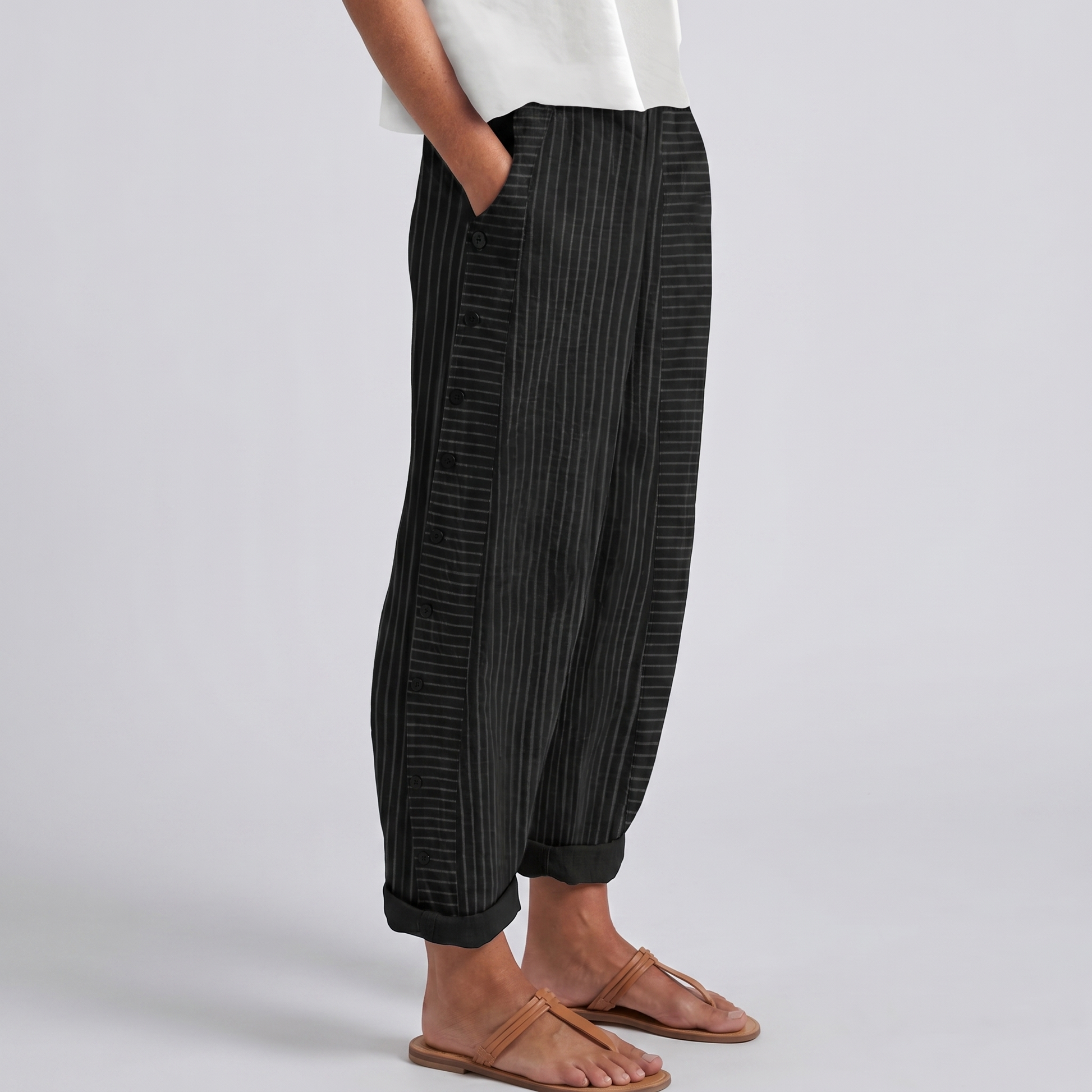 Women's Trousers | Striped Panel & Side Button Detail