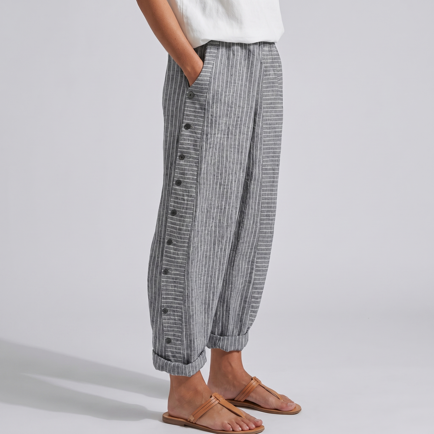 Women's Trousers | Striped Panel & Side Button Detail