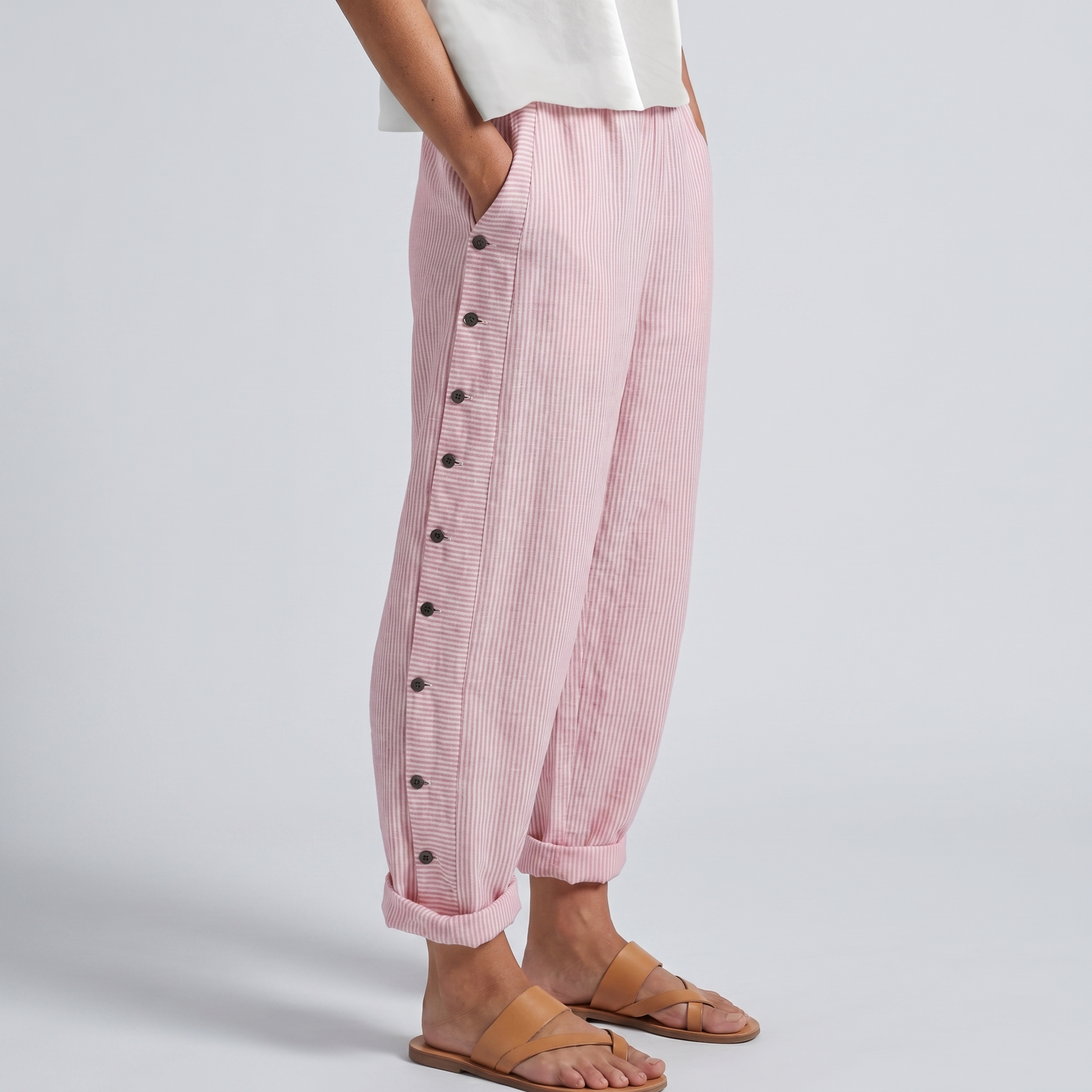 Women's Trousers | Striped Panel & Side Button Detail