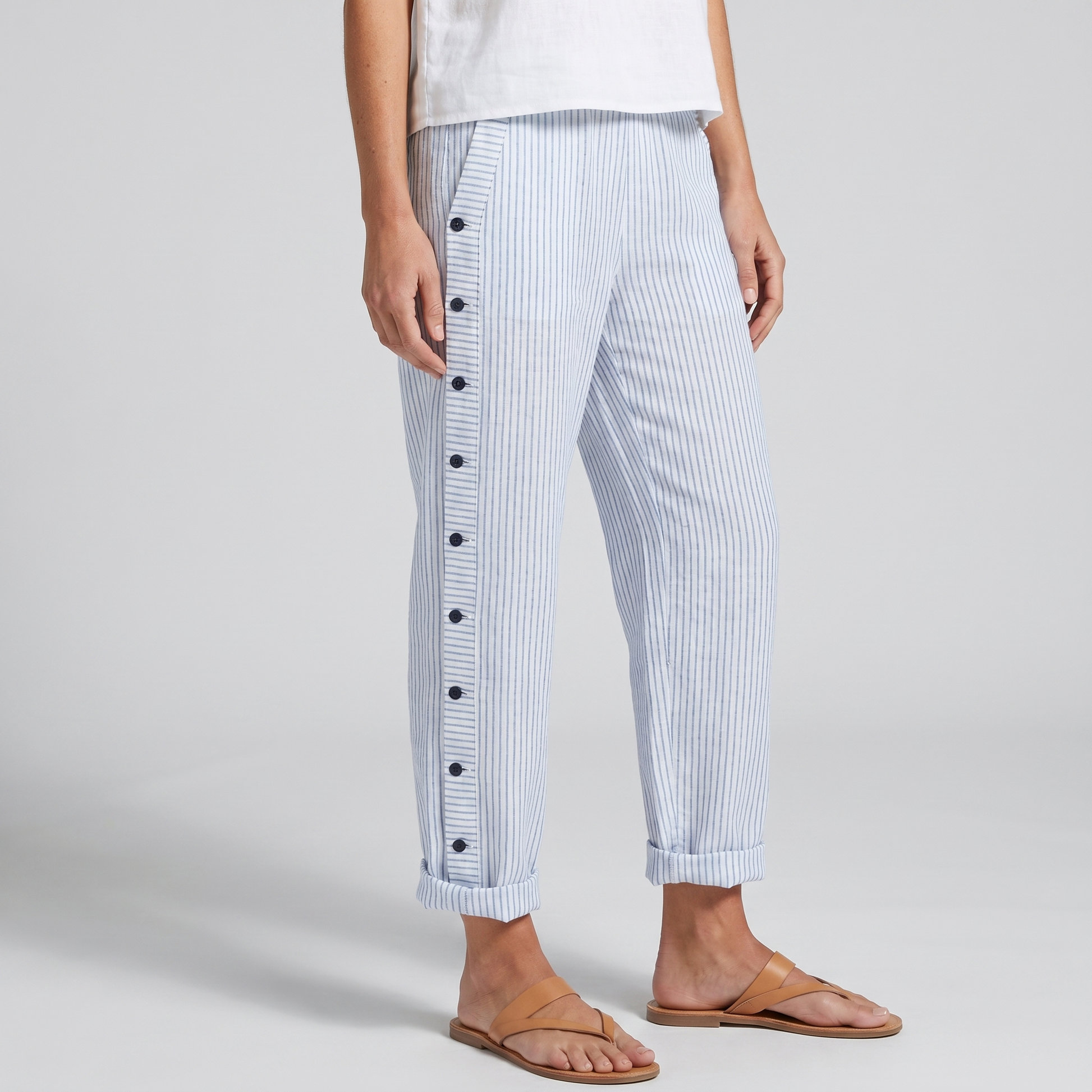Women's Trousers | Striped Panel & Side Button Detail