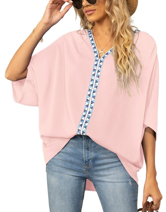 Women's Tunic Top | Geometric Trim Oversized V-Neck Blouse