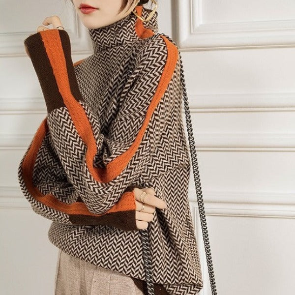 Women's Turtleneck Jumper | Contrast Stripe Design