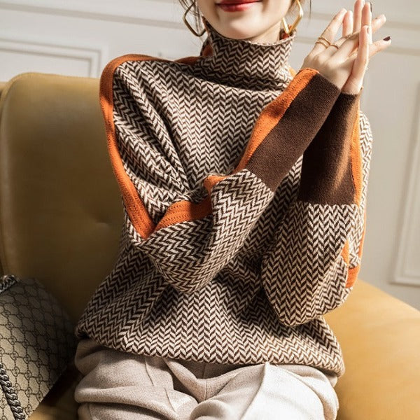 Women's Turtleneck Jumper | Contrast Stripe Design