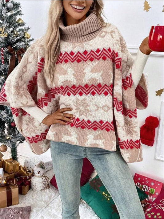 Women's Turtleneck Poncho Sweater | Festive Reindeer Design