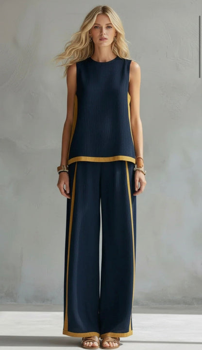 Women's Two Piece Set | Contrast Trim Sleeveless Top And Wide Leg Trousers