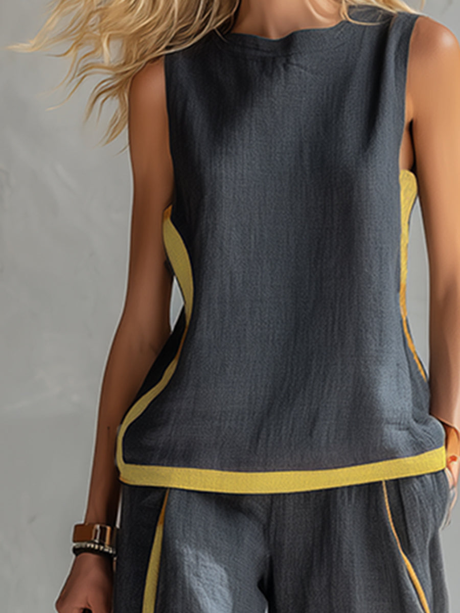 Women's Two Piece Set | Contrast Trim Sleeveless Top And Wide Leg Trousers