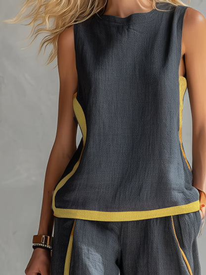 Women's Two Piece Set | Contrast Trim Sleeveless Top And Wide Leg Trousers