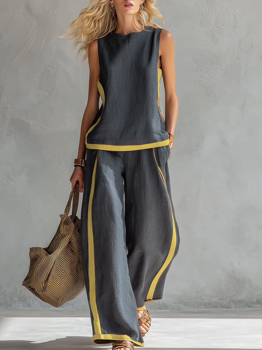 Women's Two Piece Set | Contrast Trim Sleeveless Top And Wide Leg Trousers