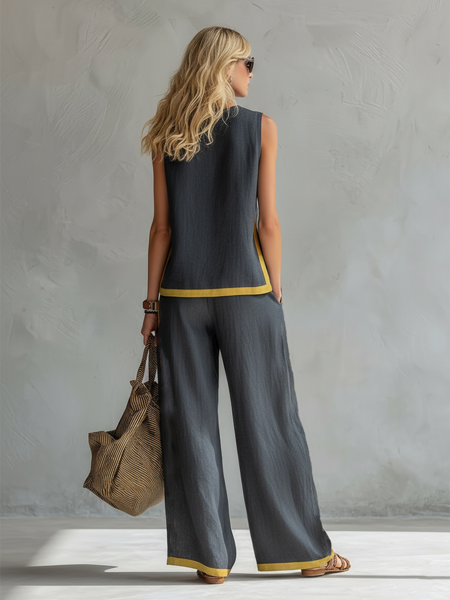 Women's Two Piece Set | Contrast Trim Sleeveless Top And Wide Leg Trousers