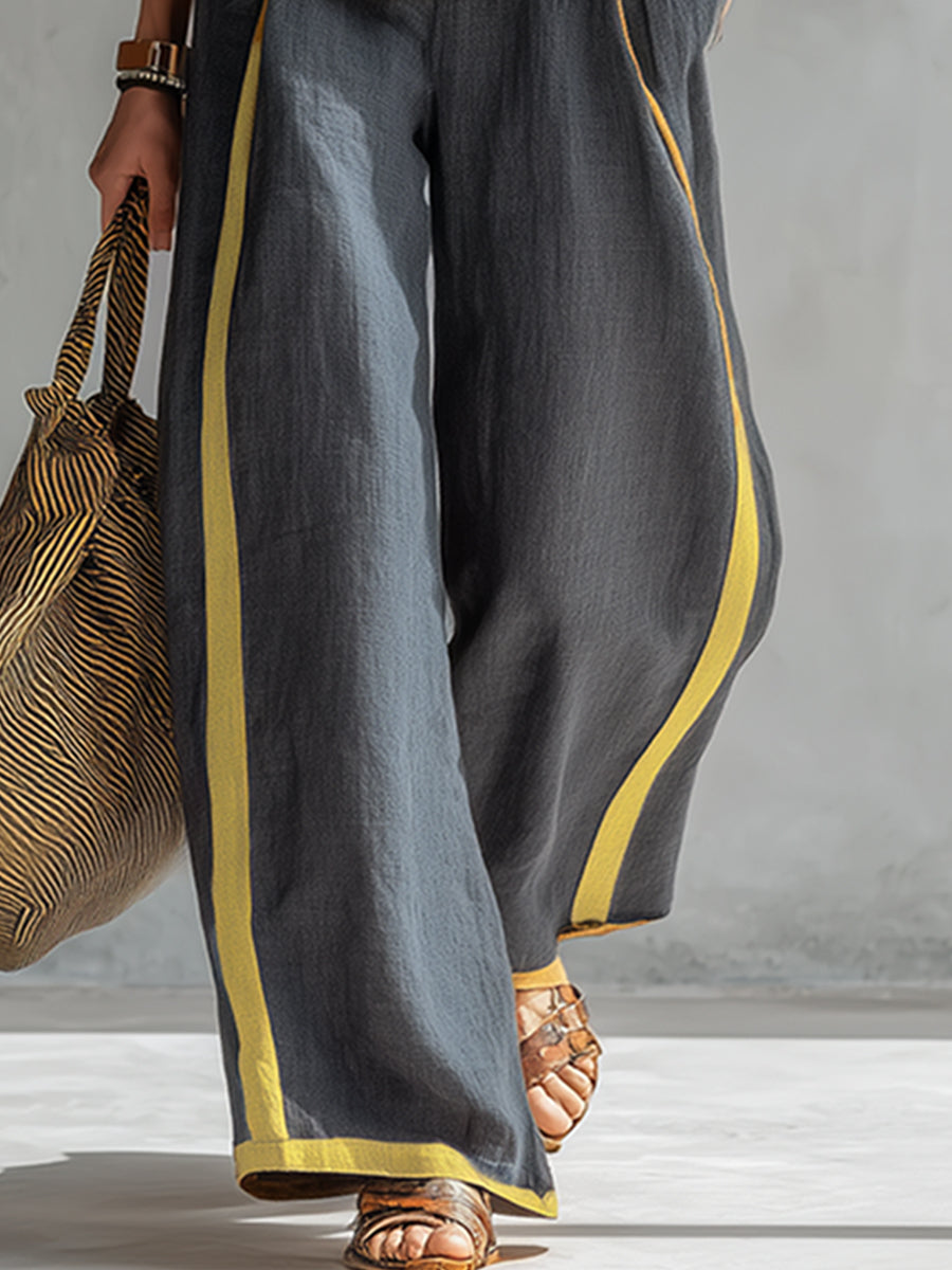 Women's Two Piece Set | Contrast Trim Sleeveless Top And Wide Leg Trousers