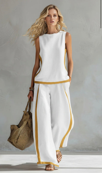 Women's Two Piece Set | Contrast Trim Sleeveless Top And Wide Leg Trousers