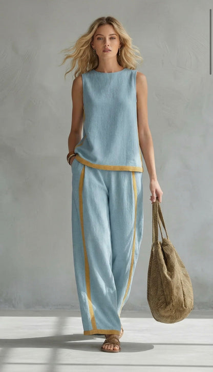 Women's Two Piece Set | Contrast Trim Sleeveless Top And Wide Leg Trousers