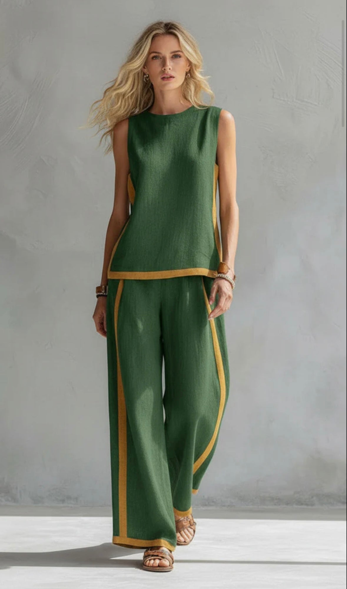 Women's Two Piece Set | Contrast Trim Sleeveless Top And Wide Leg Trousers