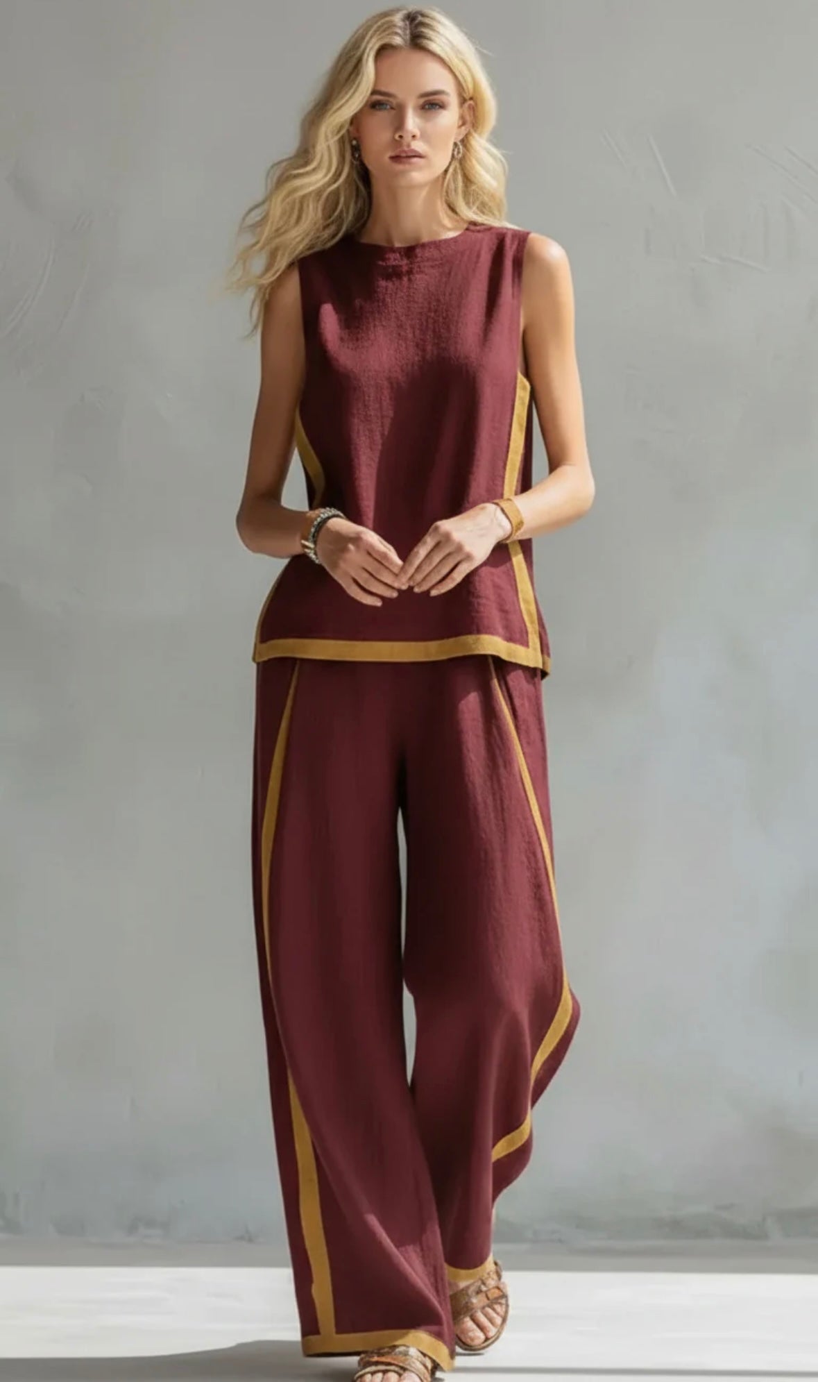 Women's Two Piece Set | Contrast Trim Sleeveless Top And Wide Leg Trousers