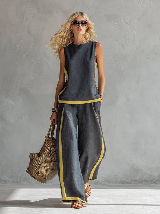 Women's Two Piece Set | Contrast Trim Sleeveless Top And Wide Leg Trousers
