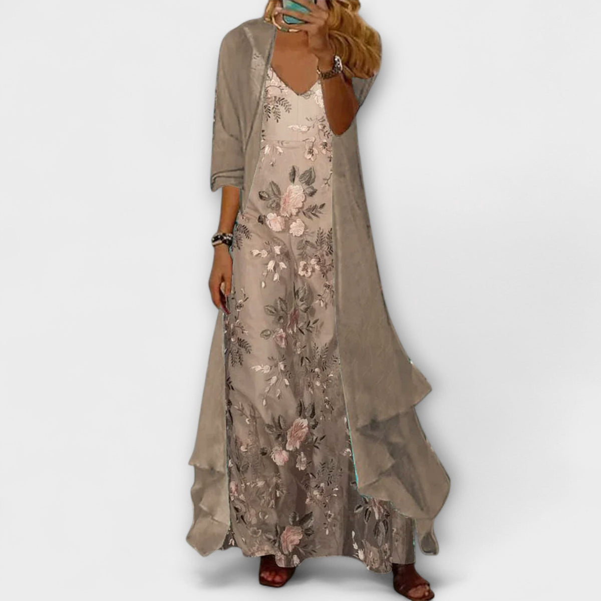 Women's Two Piece Set | Floral Print Dress with Duster