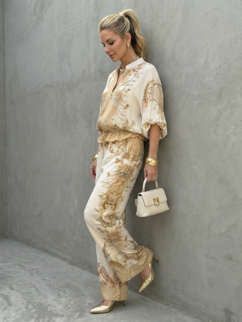 Women's Two Piece Set | Floral Print Zip-Up Loose Fit